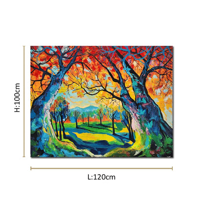 Colorful landscape canvas painting featuring vibrant autumn trees, scenic woodland path, and expressive contemporary brushstrokes.