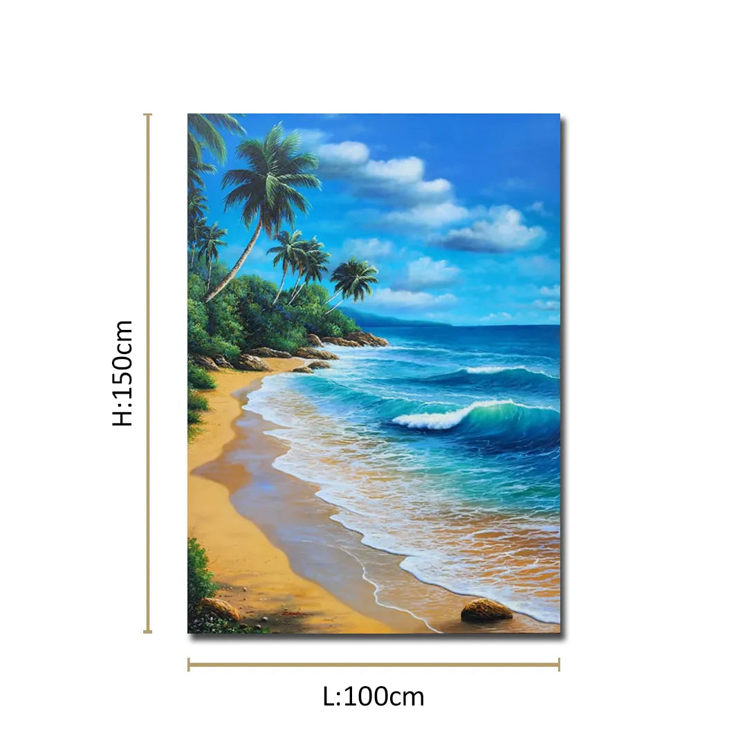 Coastal landscape canvas painting featuring turquoise ocean waves, golden sandy beach, tropical palm trees, and blue skies.