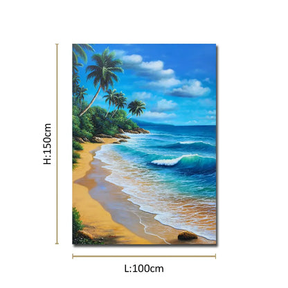 Coastal landscape canvas painting featuring turquoise ocean waves, golden sandy beach, tropical palm trees, and blue skies.