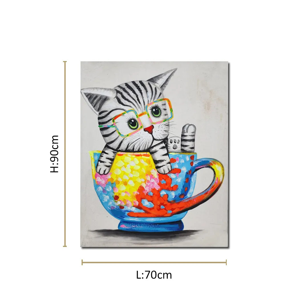 Colorful pop art kitten canvas painting with glasses sitting inside a vibrant teacup featuring abstract artistic details.