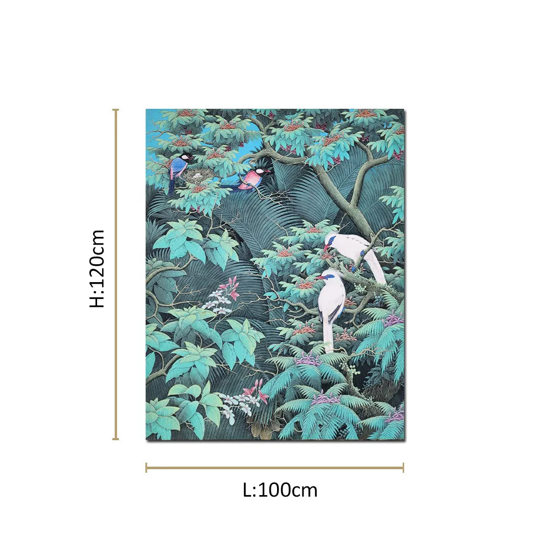 Tropical bird canvas painting featuring white and colorful birds perched among lush green foliage and botanical details.