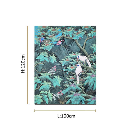 Tropical bird canvas painting featuring white and colorful birds perched among lush green foliage and botanical details.