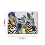Contemporary zebra canvas painting featuring three zebras with vibrant blue, yellow, and black artistic accents.