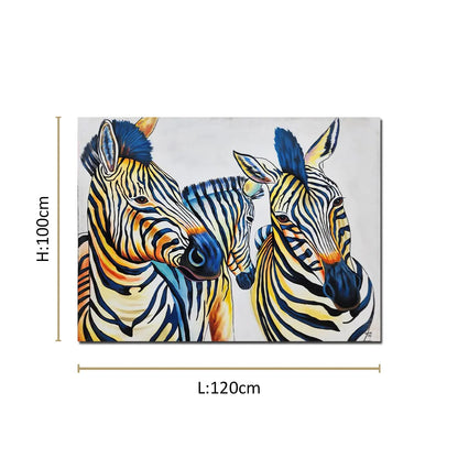 Contemporary zebra canvas painting featuring three zebras with vibrant blue, yellow, and black artistic accents.