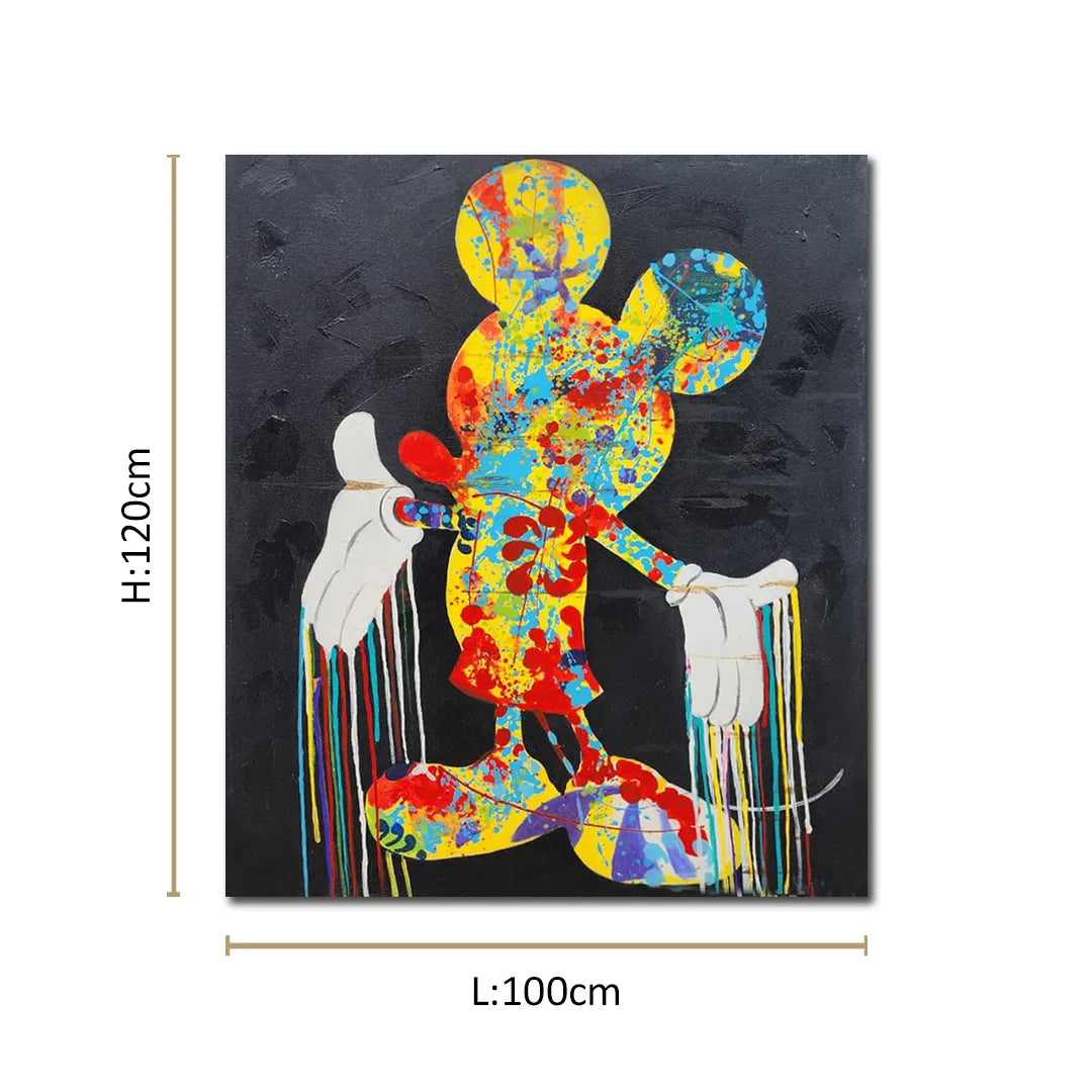 Colorful abstract pop art mouse silhouette canvas painting with vibrant paint splashes on a black background.