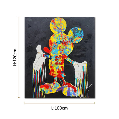 Colorful abstract pop art mouse silhouette canvas painting with vibrant paint splashes on a black background.