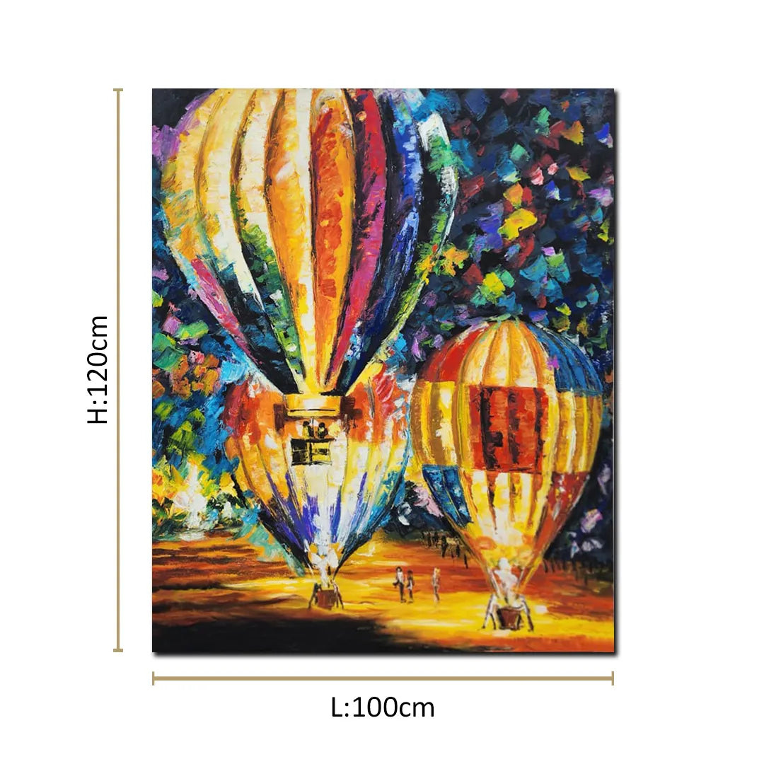 Luxury hot air balloon canvas wall painting featuring colorful illuminated balloons in an expressive contemporary art style.