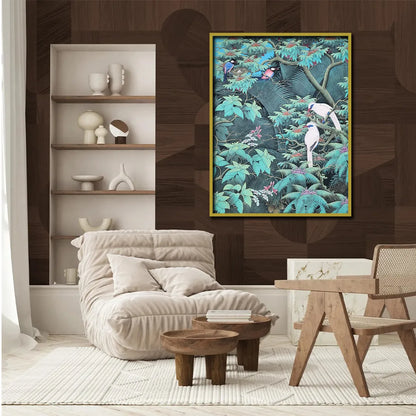 Tropical bird canvas painting featuring white and colorful birds perched among lush green foliage and botanical details.