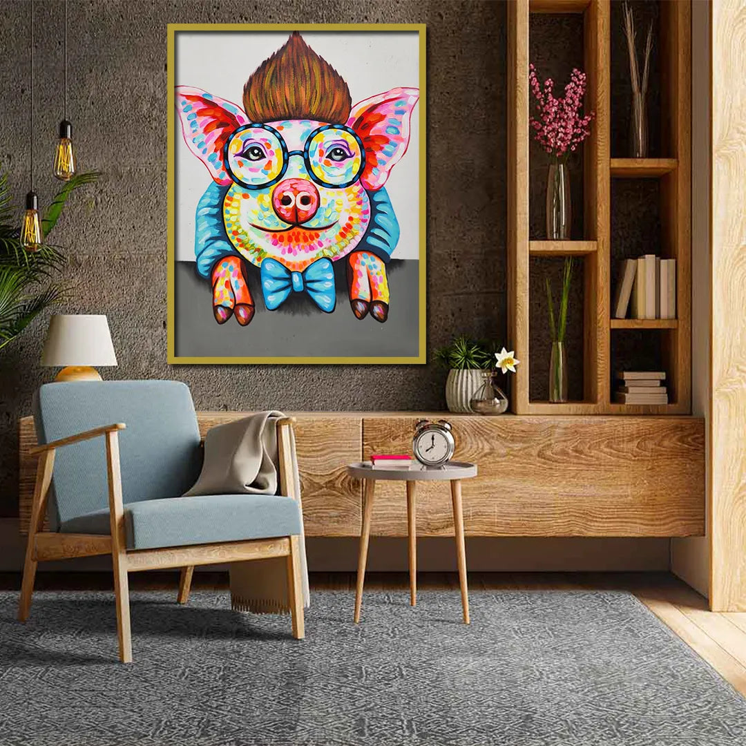 Colorful pop art pig canvas painting with round glasses, blue bow tie, and vibrant abstract detailing.