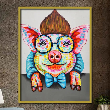 Colorful pop art pig canvas painting with round glasses, blue bow tie, and vibrant abstract detailing.