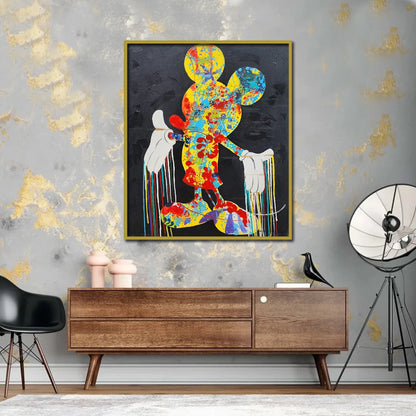 Colorful abstract pop art mouse silhouette canvas painting with vibrant paint splashes on a black background.