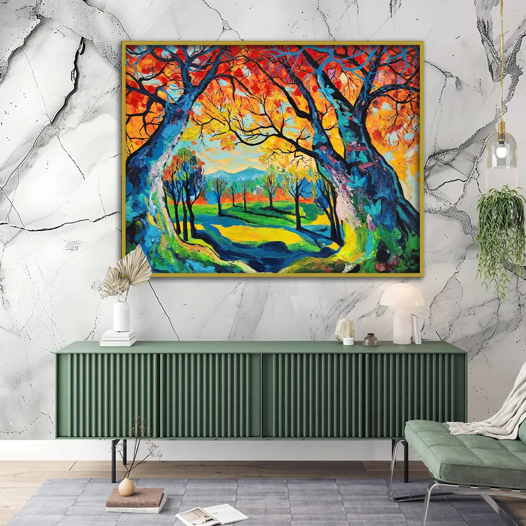 Colorful landscape canvas painting featuring vibrant autumn trees, scenic woodland path, and expressive contemporary brushstrokes.