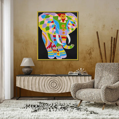 Colorful elephant canvas painting with vibrant geometric artwork for modern luxury wall décor interiors