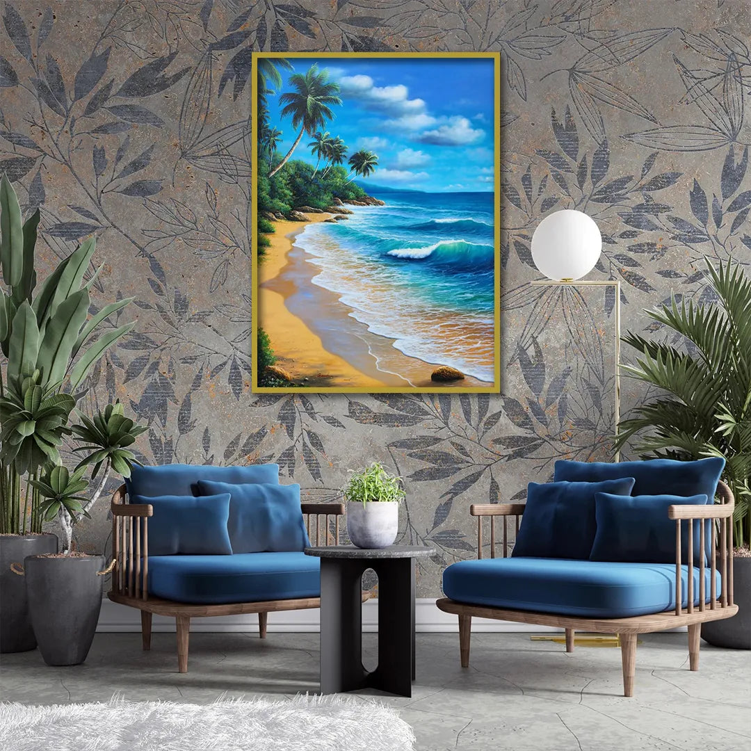 Coastal landscape canvas painting featuring turquoise ocean waves, golden sandy beach, tropical palm trees, and blue skies.