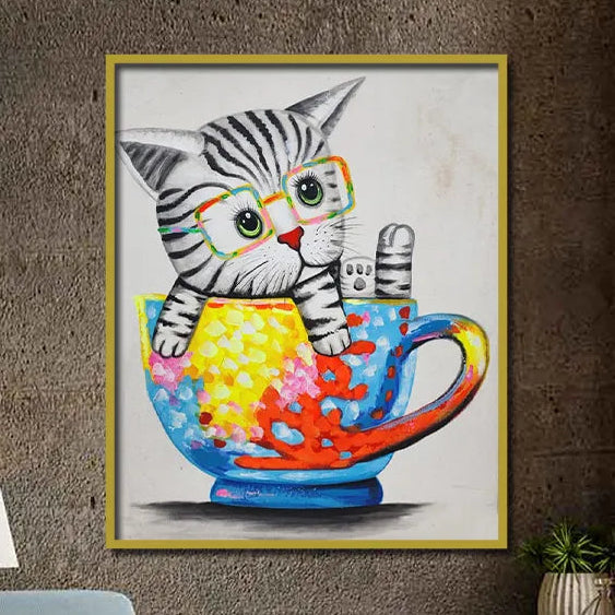 Colorful pop art kitten canvas painting with glasses sitting inside a vibrant teacup featuring abstract artistic details.