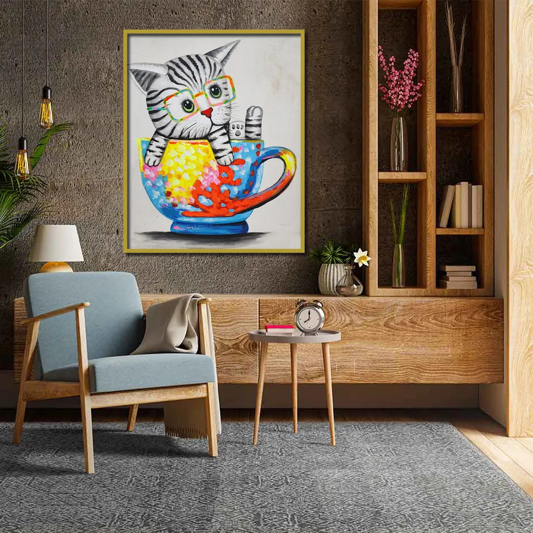 Colorful pop art kitten canvas painting with glasses sitting inside a vibrant teacup featuring abstract artistic details.