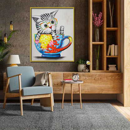 Colorful pop art kitten canvas painting with glasses sitting inside a vibrant teacup featuring abstract artistic details.