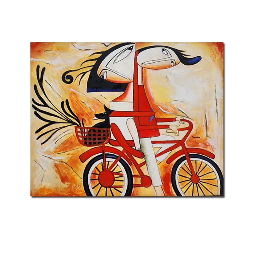 Abstract canvas painting featuring a whimsical couple riding a red bicycle with expressive faces and vibrant artistic details.