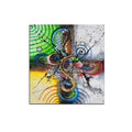 Luxury abstract canvas wall painting featuring vibrant geometric forms, colorful circular patterns, and expressive contemporary brushstrokes on premium canvas.
