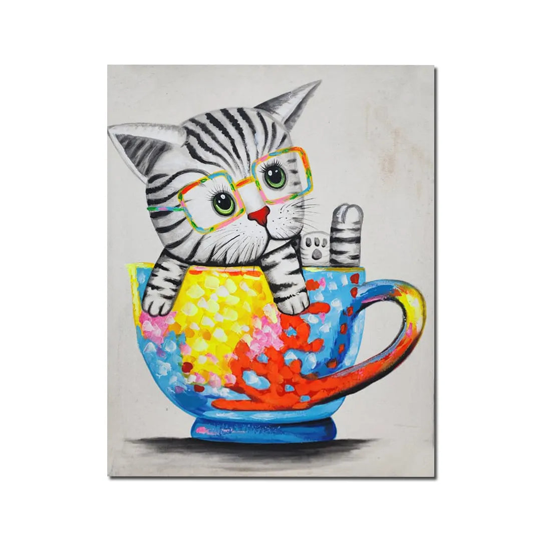 Colorful pop art kitten canvas painting with glasses sitting inside a vibrant teacup featuring abstract artistic details.