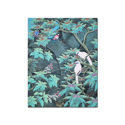 Tropical bird canvas painting featuring white and colorful birds perched among lush green foliage and botanical details.