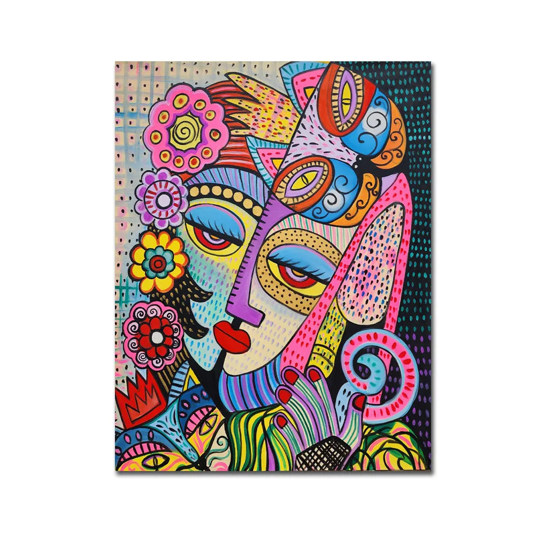 Modern multicolour face artwork adding vibrant character to interiors