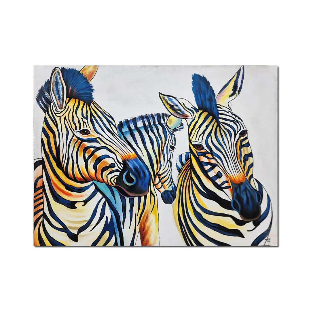Contemporary zebra canvas painting featuring three zebras with vibrant blue, yellow, and black artistic accents.