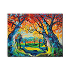 Colorful landscape canvas painting featuring vibrant autumn trees, scenic woodland path, and expressive contemporary brushstrokes.
