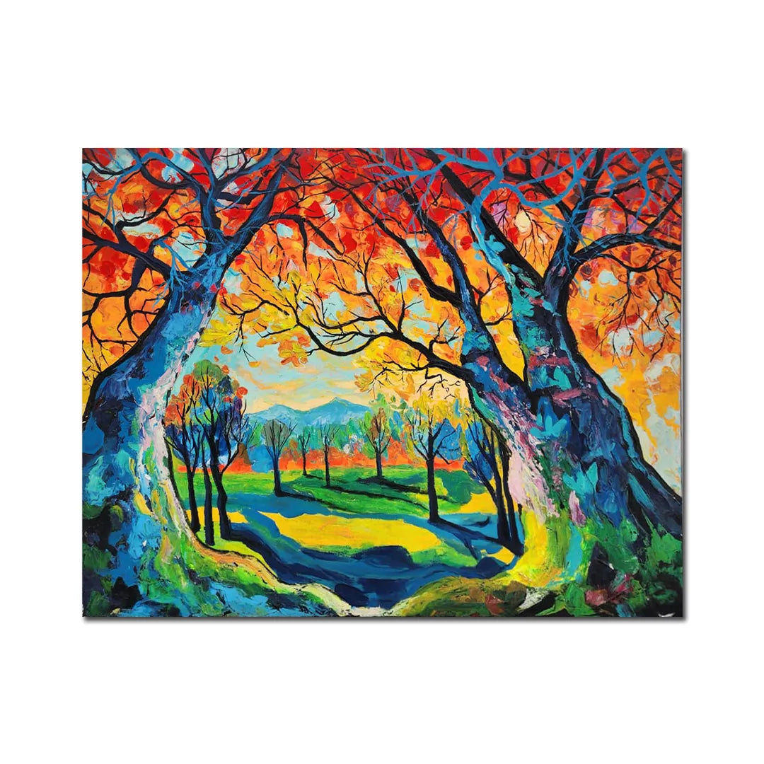 Colorful landscape canvas painting featuring vibrant autumn trees, scenic woodland path, and expressive contemporary brushstrokes.