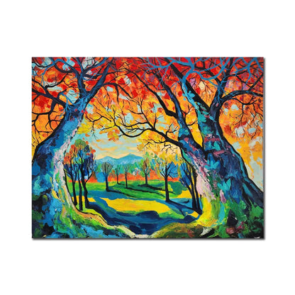 Colorful landscape canvas painting featuring vibrant autumn trees, scenic woodland path, and expressive contemporary brushstrokes.