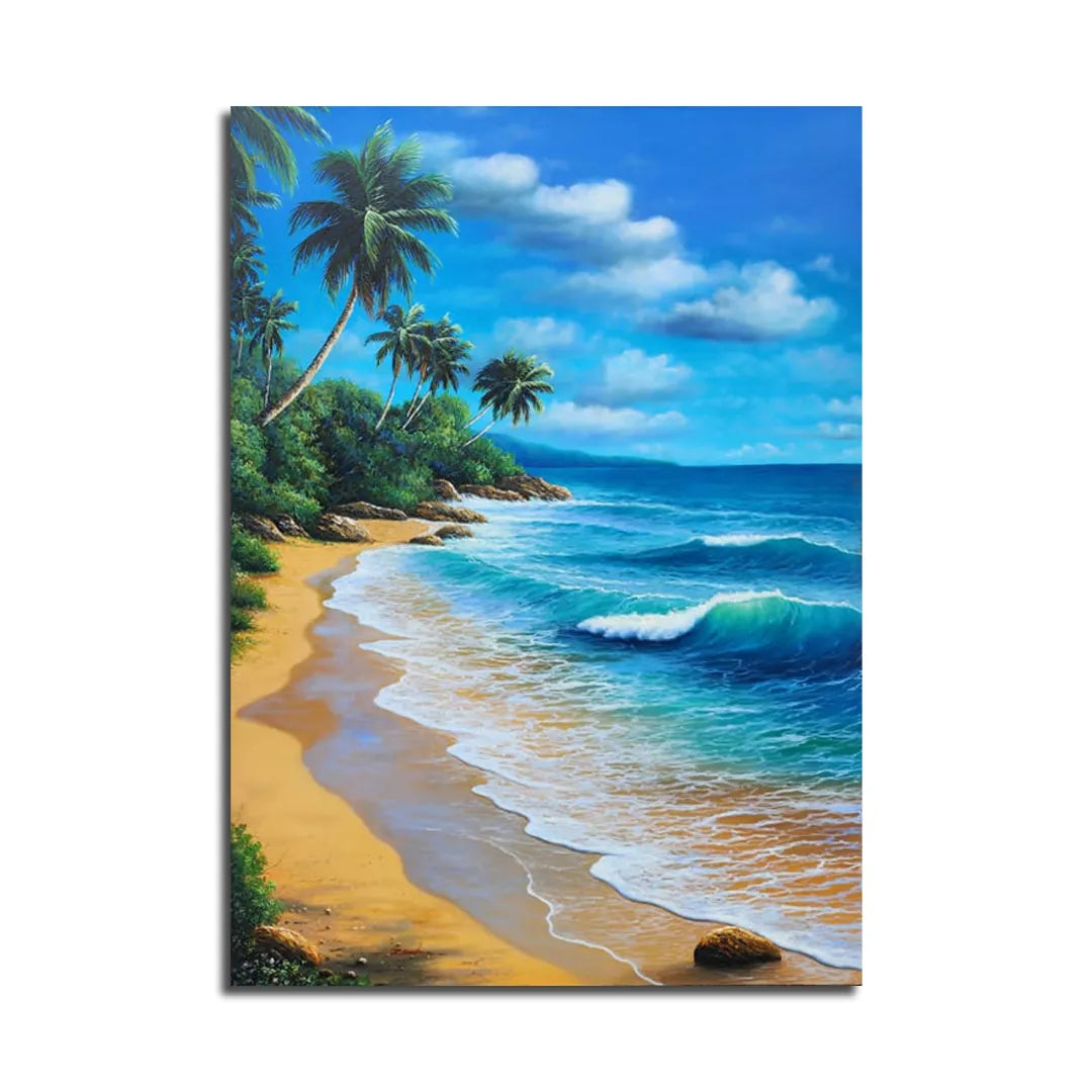 Coastal landscape canvas painting featuring turquoise ocean waves, golden sandy beach, tropical palm trees, and blue skies.