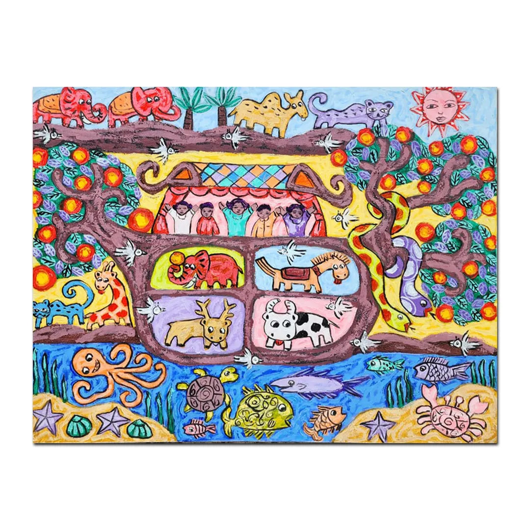 Colorful folk art canvas painting featuring wildlife, birds, marine life, trees, and whimsical nature-inspired storytelling.