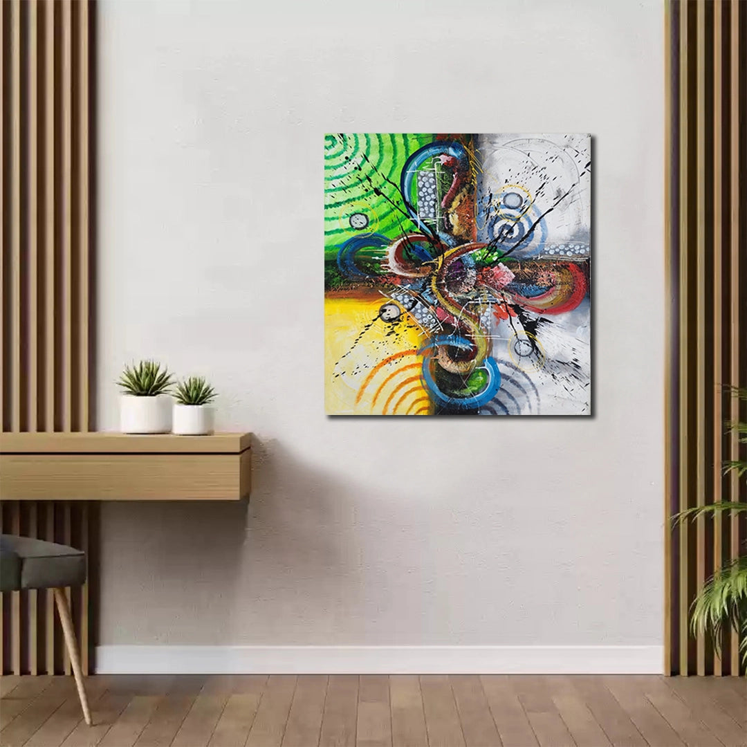 Luxury abstract canvas wall painting featuring vibrant geometric forms, colorful circular patterns, and expressive contemporary brushstrokes on premium canvas.