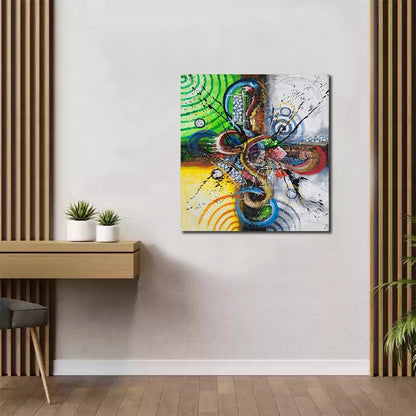 Luxury abstract canvas wall painting featuring vibrant geometric forms, colorful circular patterns, and expressive contemporary brushstrokes on premium canvas.