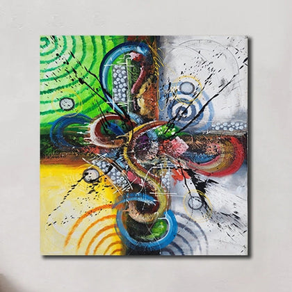 Luxury abstract canvas wall painting featuring vibrant geometric forms, colorful circular patterns, and expressive contemporary brushstrokes on premium canvas.