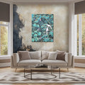 Tropical bird canvas painting featuring white and colorful birds perched among lush green foliage and botanical details.