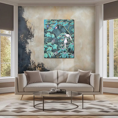 Tropical bird canvas painting featuring white and colorful birds perched among lush green foliage and botanical details.