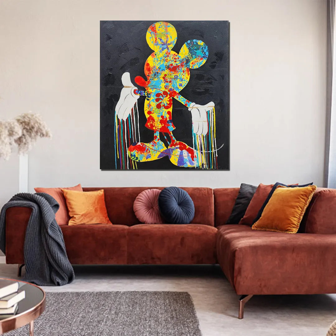 Colorful abstract pop art mouse silhouette canvas painting with vibrant paint splashes on a black background.