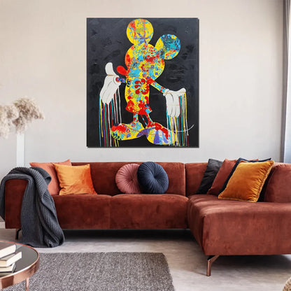 Colorful abstract pop art mouse silhouette canvas painting with vibrant paint splashes on a black background.