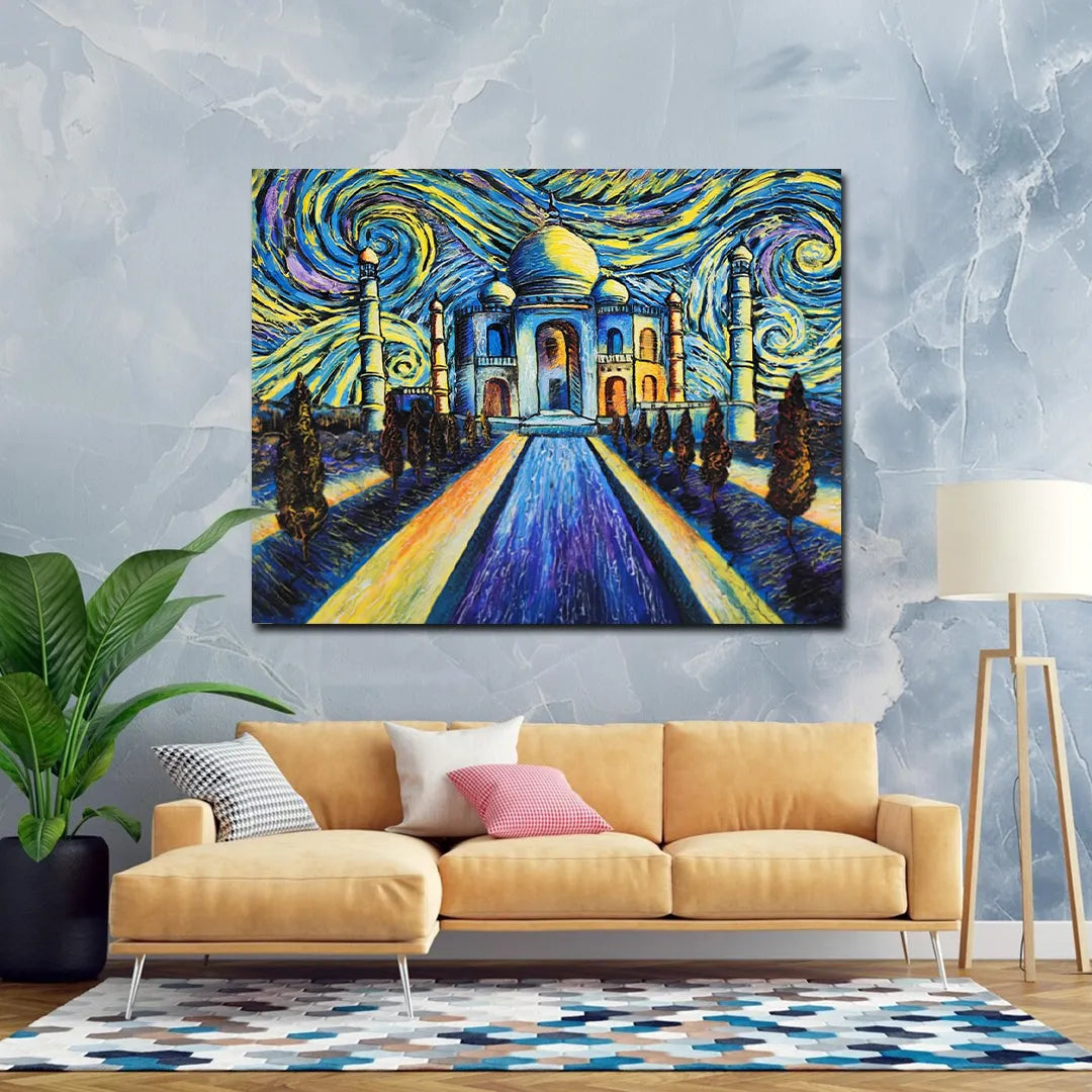 Taj Mahal canvas painting featuring a vibrant impressionist-style starry sky with expressive blue and golden brushstrokes.