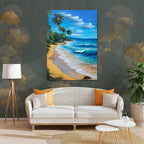 Coastal landscape canvas painting featuring turquoise ocean waves, golden sandy beach, tropical palm trees, and blue skies.