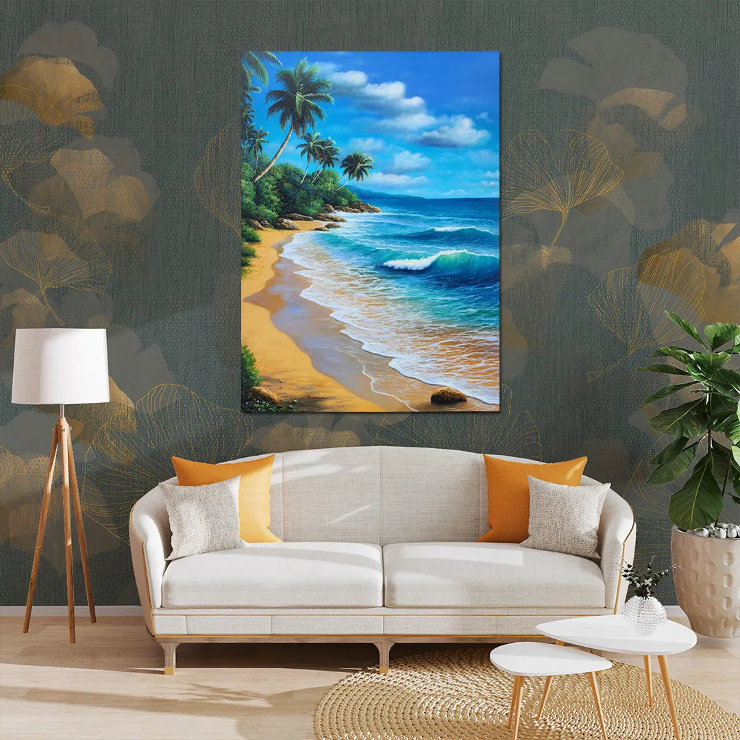 Coastal landscape canvas painting featuring turquoise ocean waves, golden sandy beach, tropical palm trees, and blue skies.