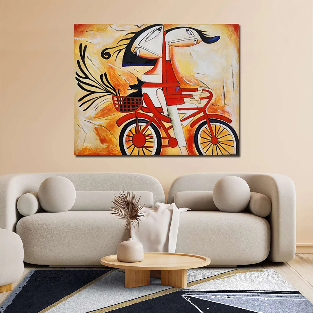 Abstract canvas painting featuring a whimsical couple riding a red bicycle with expressive faces and vibrant artistic details.