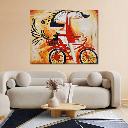 Abstract canvas painting featuring a whimsical couple riding a red bicycle with expressive faces and vibrant artistic details.