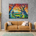 Colorful landscape canvas painting featuring vibrant autumn trees, scenic woodland path, and expressive contemporary brushstrokes.
