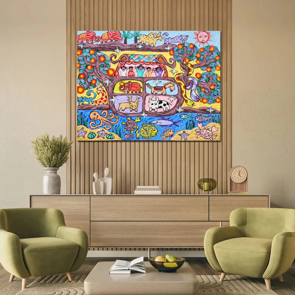 Colorful folk art canvas painting featuring wildlife, birds, marine life, trees, and whimsical nature-inspired storytelling.