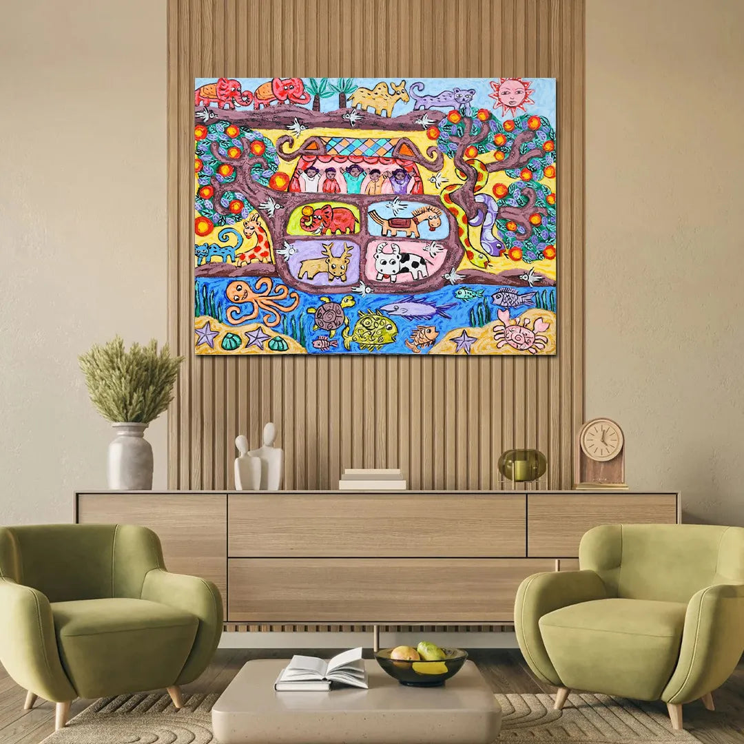 Colorful folk art canvas painting featuring wildlife, birds, marine life, trees, and whimsical nature-inspired storytelling.