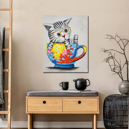 Colorful pop art kitten canvas painting with glasses sitting inside a vibrant teacup featuring abstract artistic details.