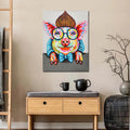 Colorful pop art pig canvas painting with round glasses, blue bow tie, and vibrant abstract detailing.