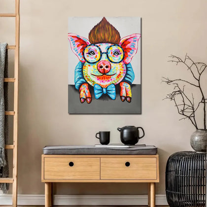 Colorful pop art pig canvas painting with round glasses, blue bow tie, and vibrant abstract detailing.